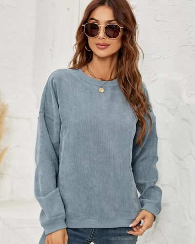 Women's Corduroy Round neck Solid Long Sleeve casual Sweatshirts Pullovers for Women