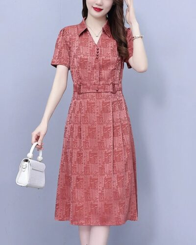 Women’s 2024 Red Silk Midi Dress | Short Sleeve Polo Collar Elegant Bodycon Party Dress